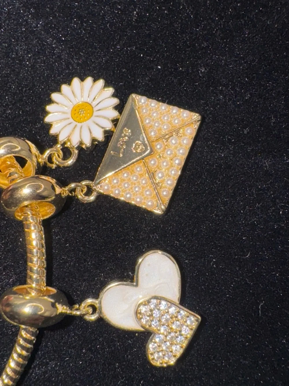 Goldfield -Tone Charm Bracelet – Hearts, Daisy & Envelo